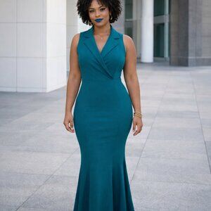 Small MAX + ASH long v-neck sleeveless dress, form fitting w/ flare bottom. NWT